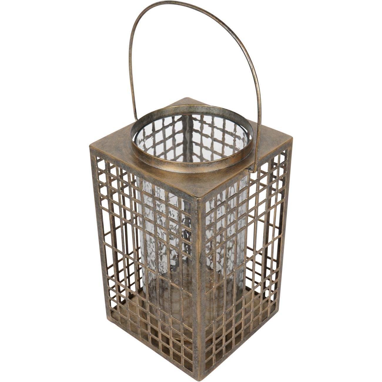Fretwork Square Lantern in Aged Gold with Glass Flute 33cm