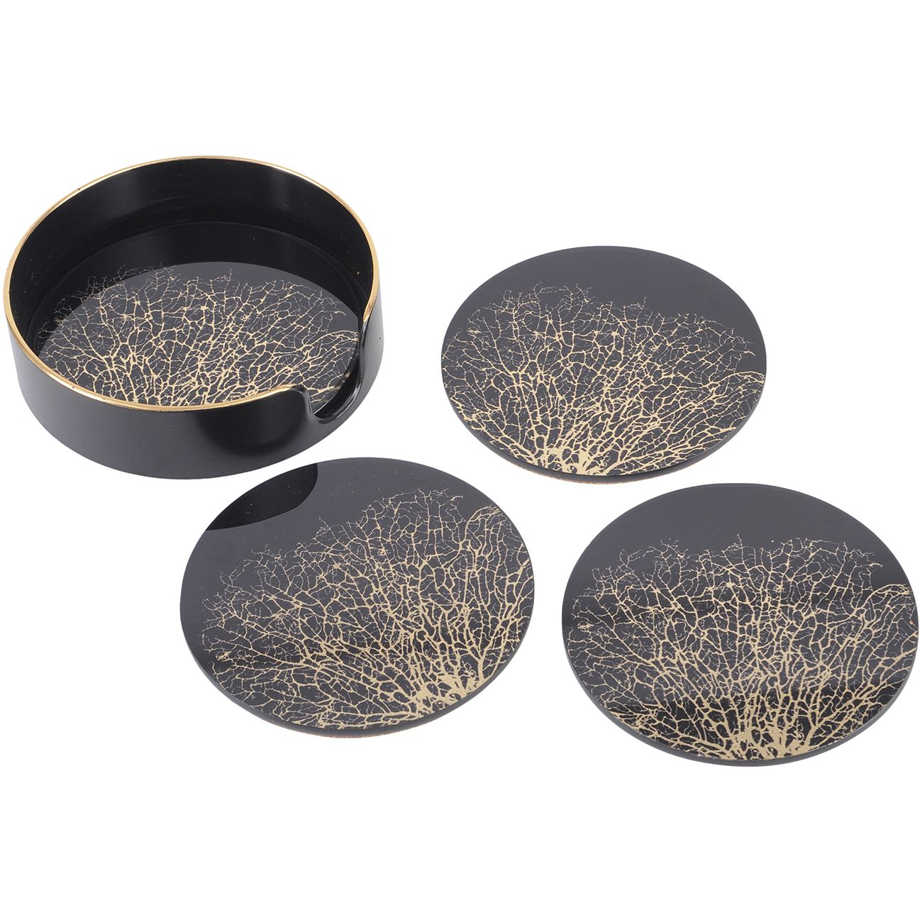 Set Of 4 Coral Design Black And Gold Coasters
