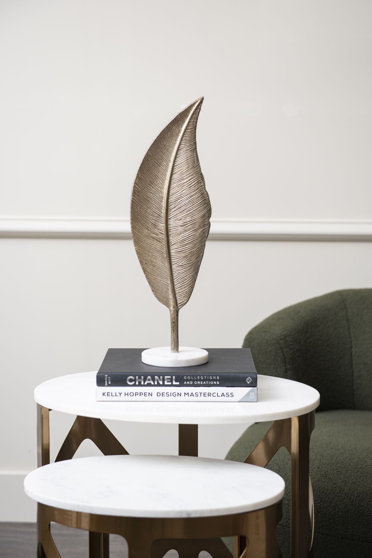 Savoy Champagne Gold Aluminium Feather Sculpture on White Marble Base