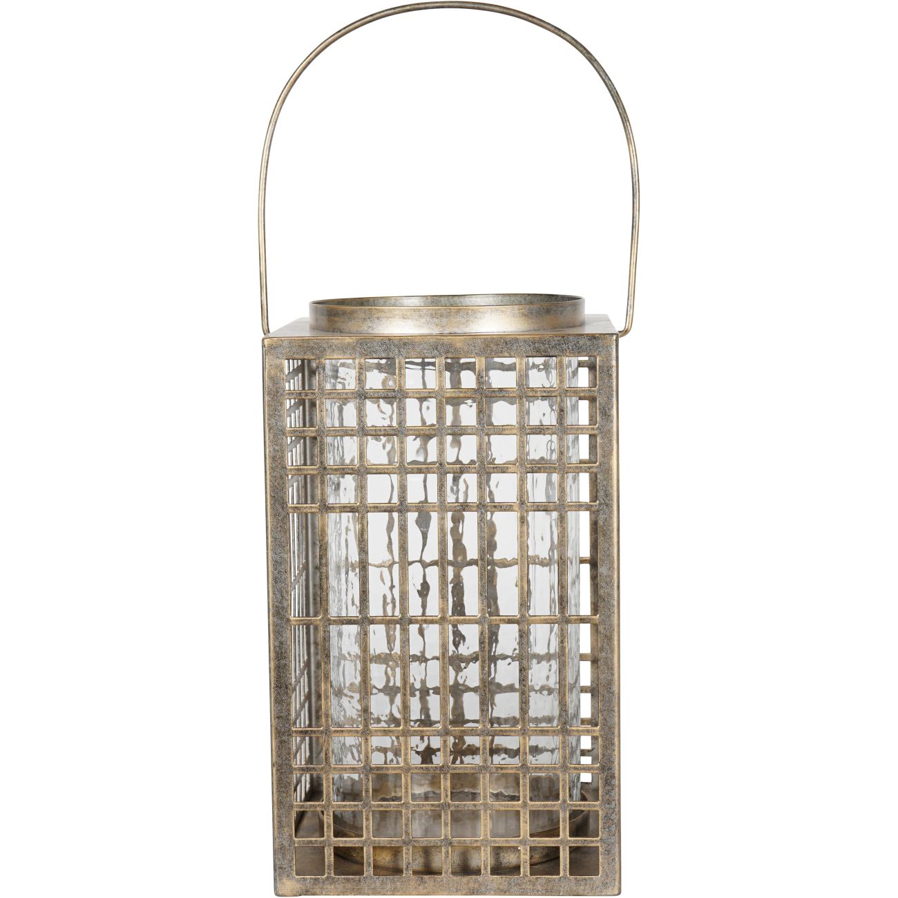Fretwork Square Lantern in Aged Gold with Glass Flute 33cm
