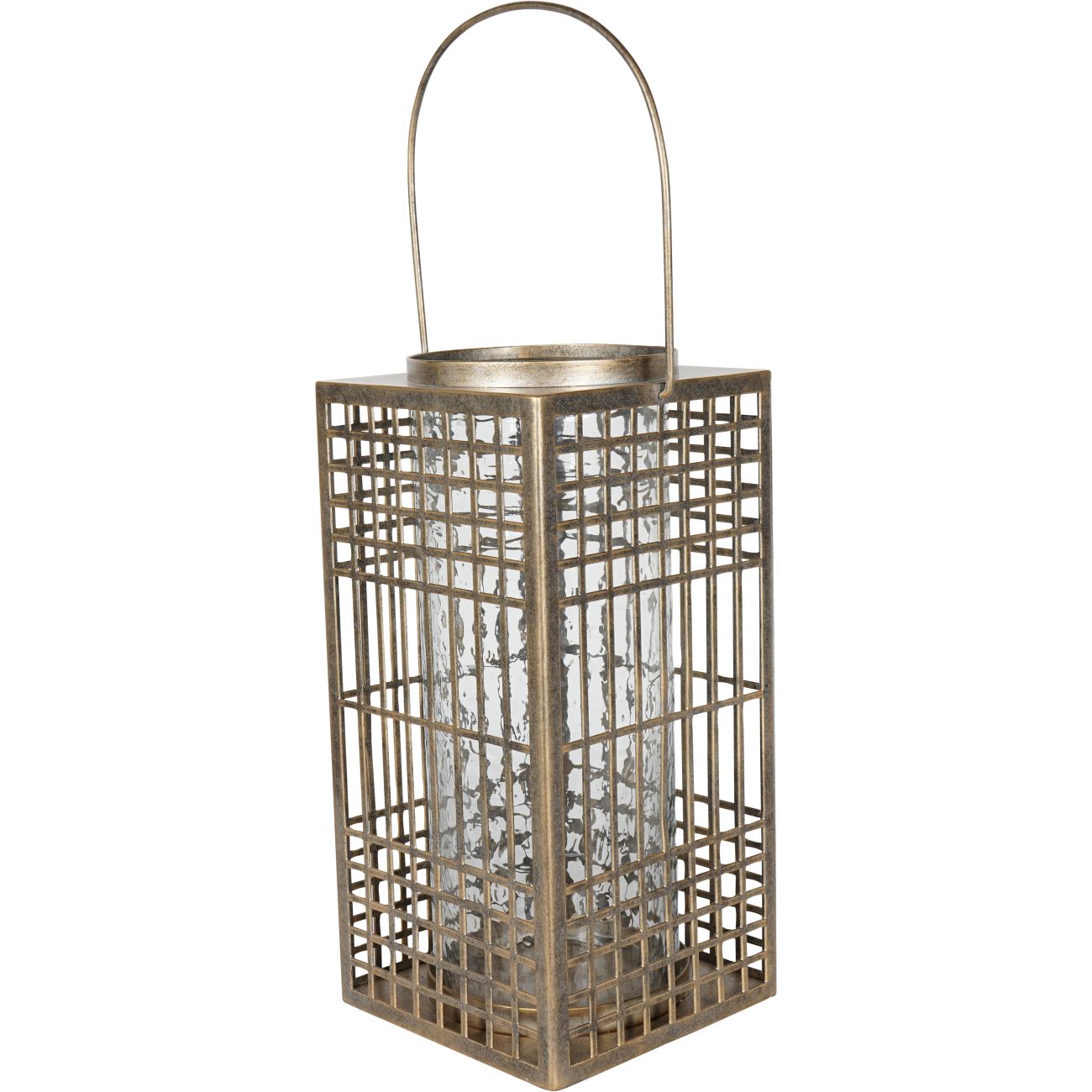 Fretwork Square Lantern in Aged Gold with Glass Flute 41cm