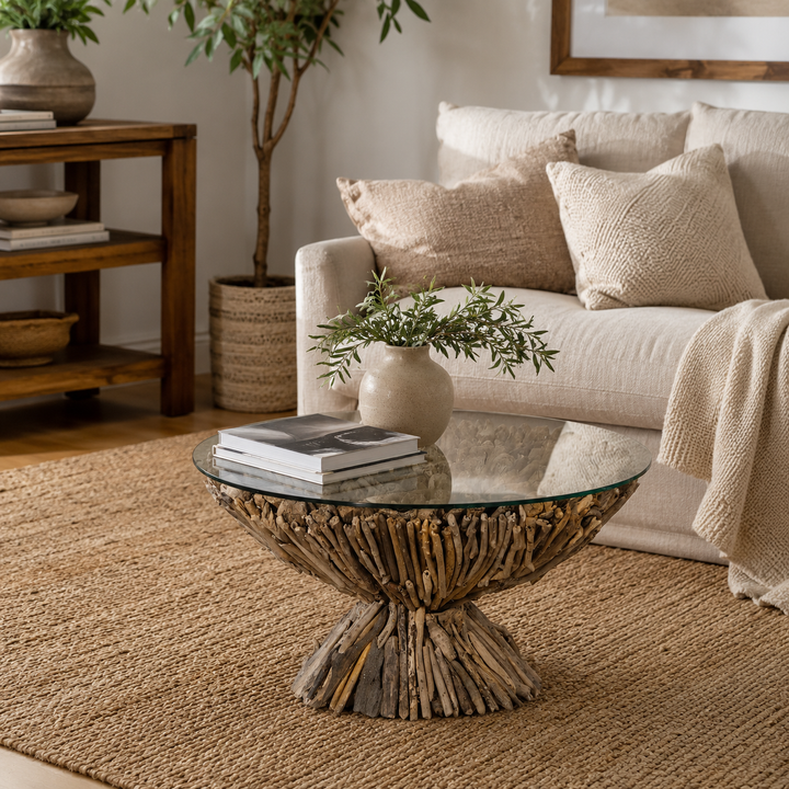 Round Pedestal Driftwood Coffee Table