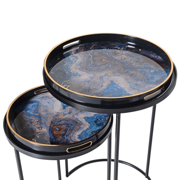 Set of Two Round Tables with Blue Marble Pattern