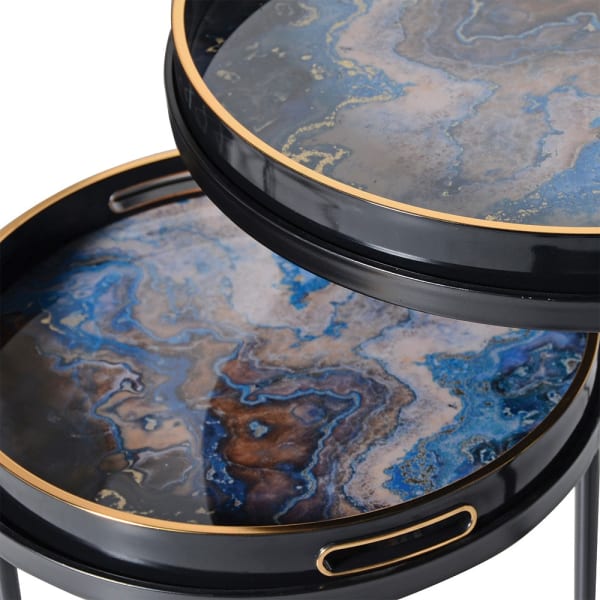 Set of Two Round Tables with Blue Marble Pattern