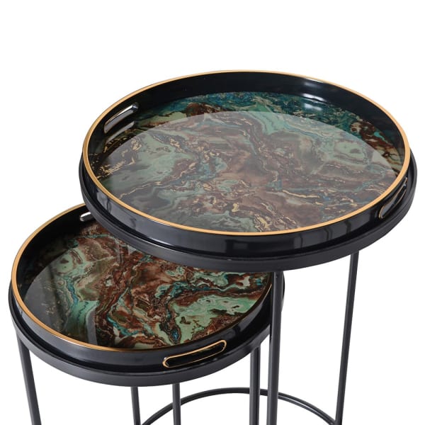 Set of 2 Round Tables with Green Marble Pattern
