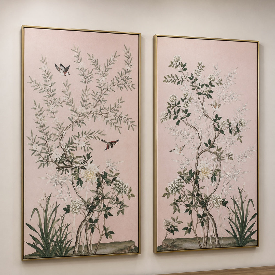 Set of 2 Soft Pink Chinoiserie Floral Pictures