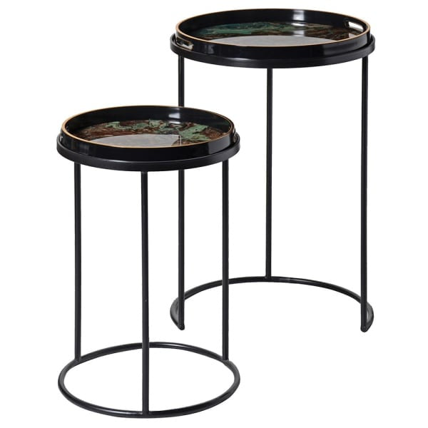 Set of 2 Round Tables with Green Marble Pattern