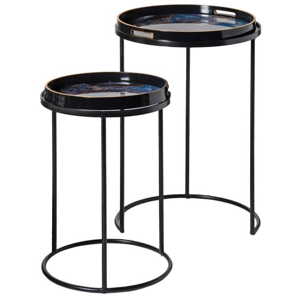 Set of Two Round Tables with Blue Marble Pattern