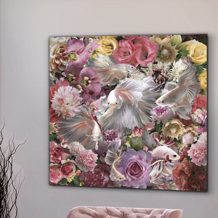 A piece of wall art featuring vibrant colors and patterns, depicting what appears to be a floral design with an abstract art style.